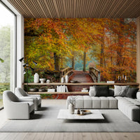 Mural panoramique mural « Passerelle sur un pont dans une forêt brumeuse »