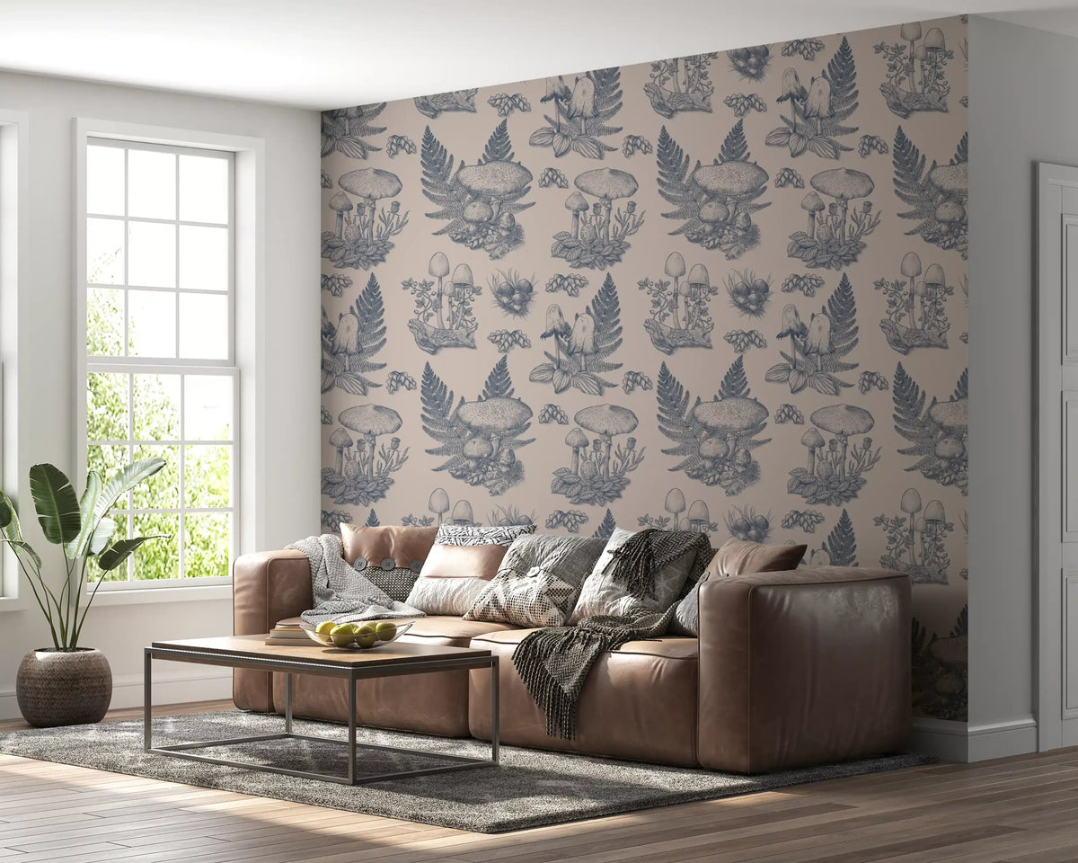 Mushroom - Autumnal Toile de jouy - Blue  Wallpaper⁠