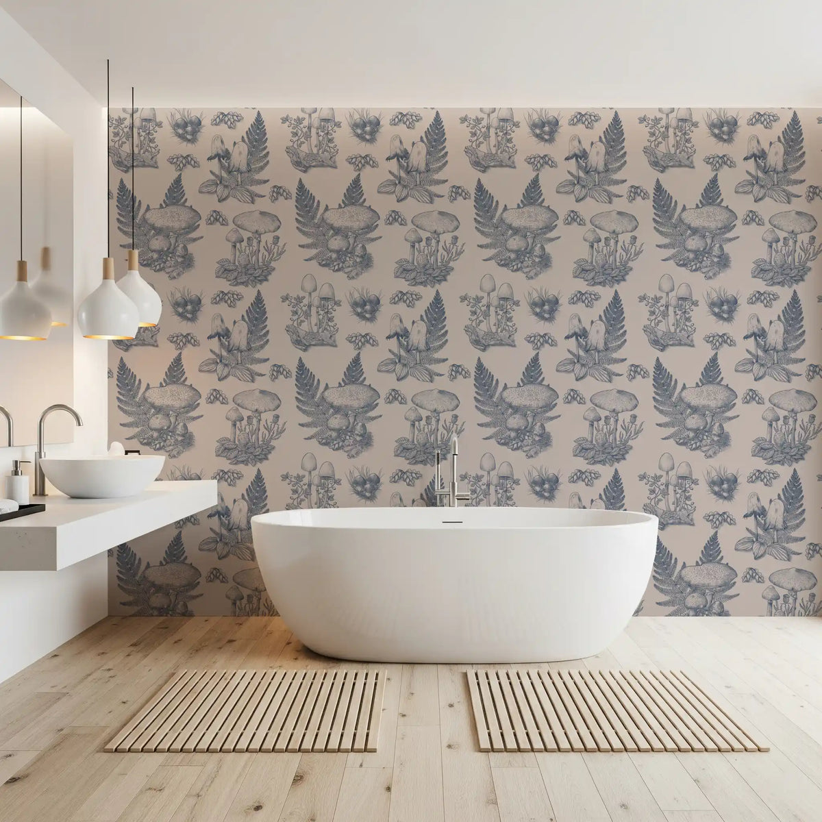 Mushroom - Autumnal Toile de jouy - Blue  Wallpaper⁠