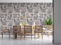 Mushroom - Autumnal Toile de jouy - Blue  Wallpaper⁠