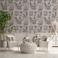 Mushroom - Autumnal Toile de jouy - Blue  Wallpaper⁠
