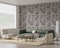 Mushroom - Autumnal Toile de jouy - Blue  Wallpaper⁠