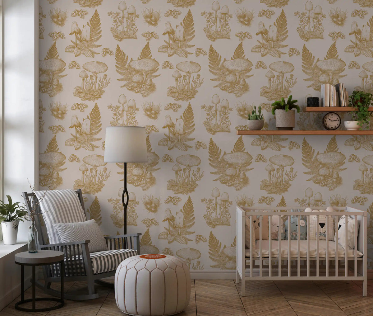 Carta da parati a tema funghi - Toile de jouy autunnale - oro