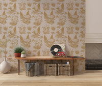Carta da parati a tema funghi - Toile de jouy autunnale - oro