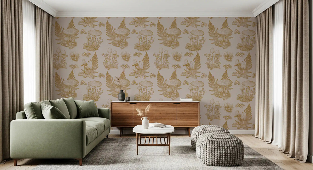Carta da parati a tema funghi - Toile de jouy autunnale - oro