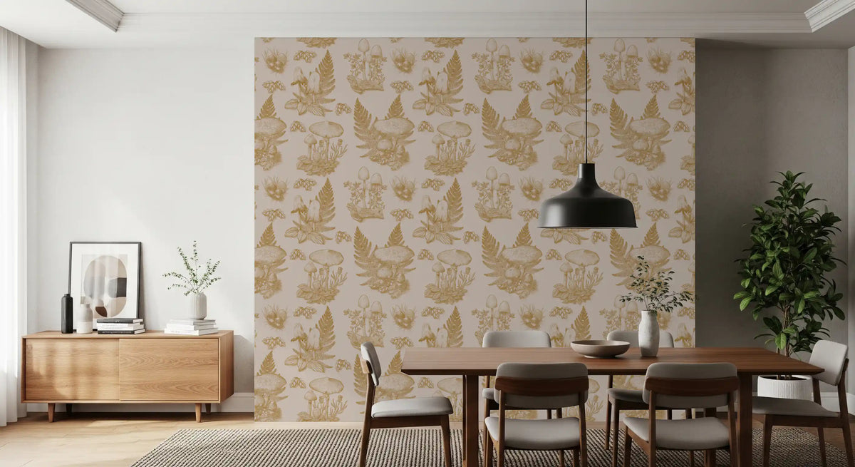 Carta da parati a tema funghi - Toile de jouy autunnale - oro