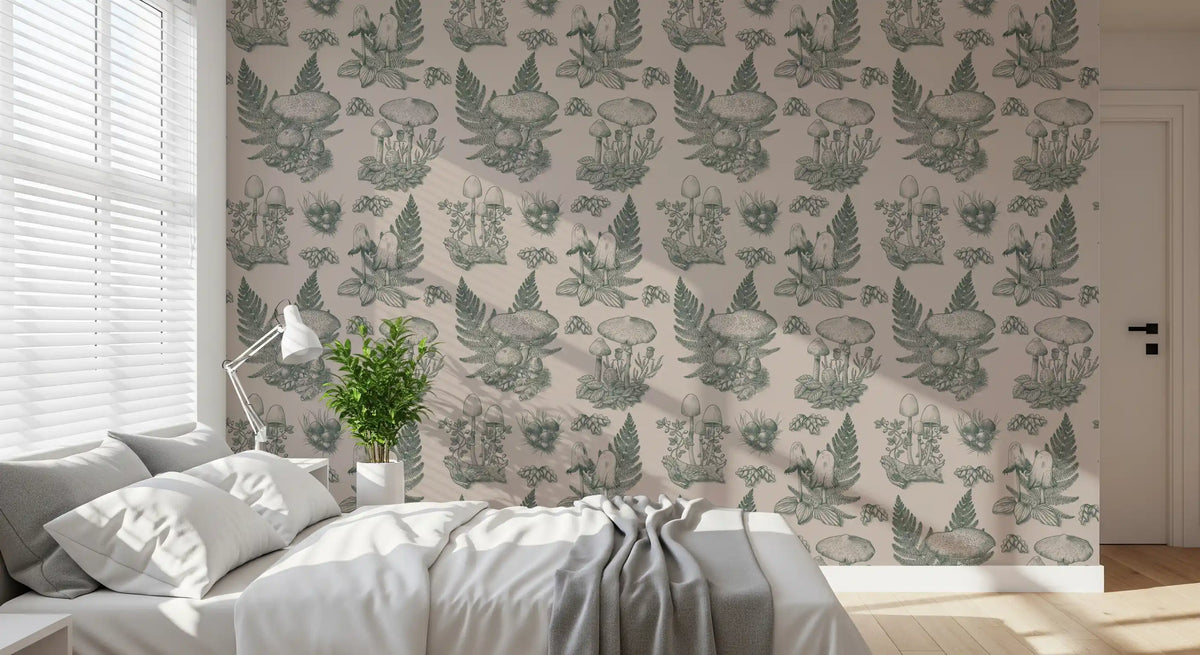 Sopp - høstlig Toile de Jouy - grønn tapet