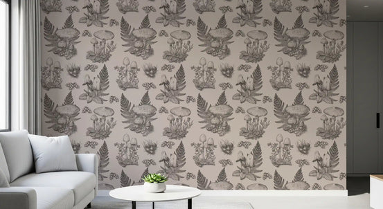Paddenstoel - Herfstige Toile de Jouy - Sepia behang⁠