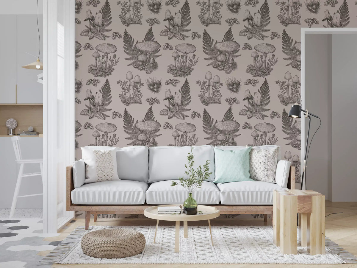 Sopp - høstlig Toile de Jouy - sepiafarget tapet