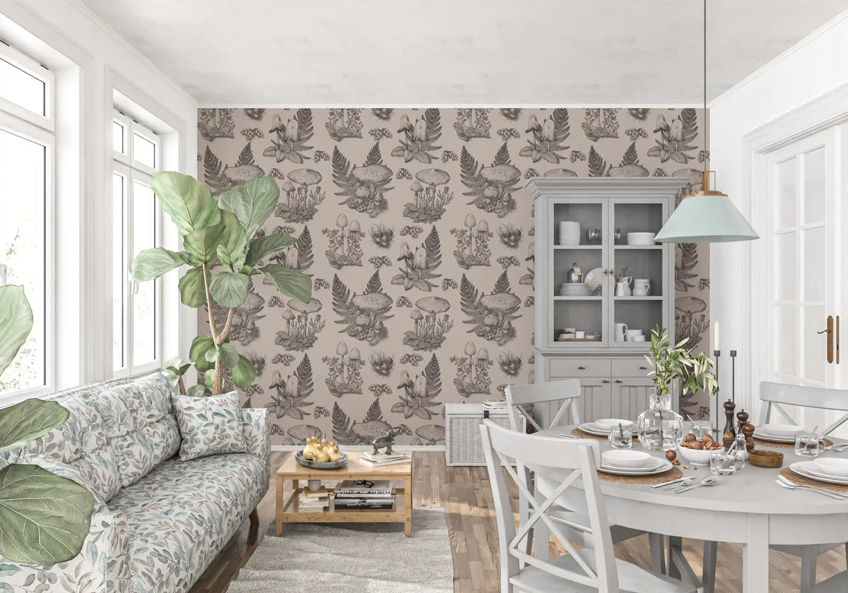Sopp - høstlig Toile de Jouy - sepiafarget tapet