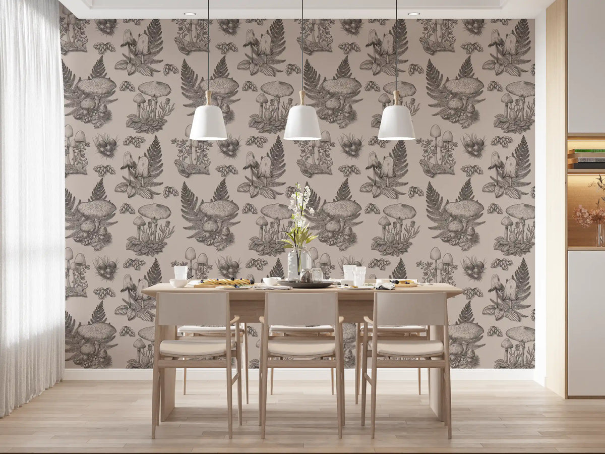 Sopp - høstlig Toile de Jouy - sepiafarget tapet