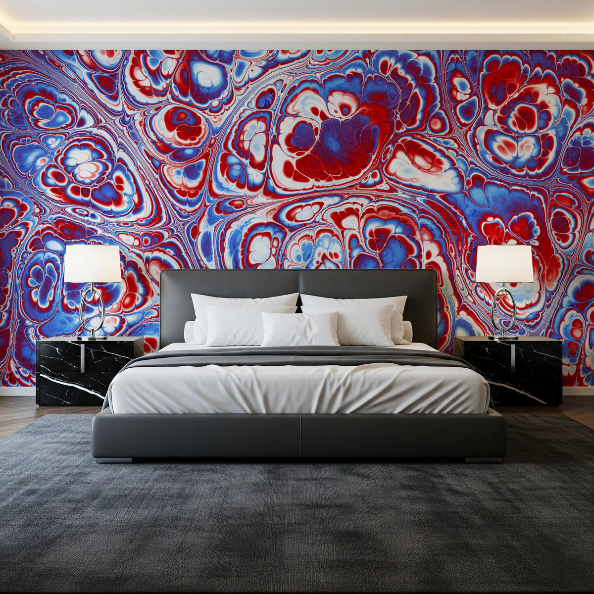 Flux d’énergie abstrait en marbre rouge et bleu