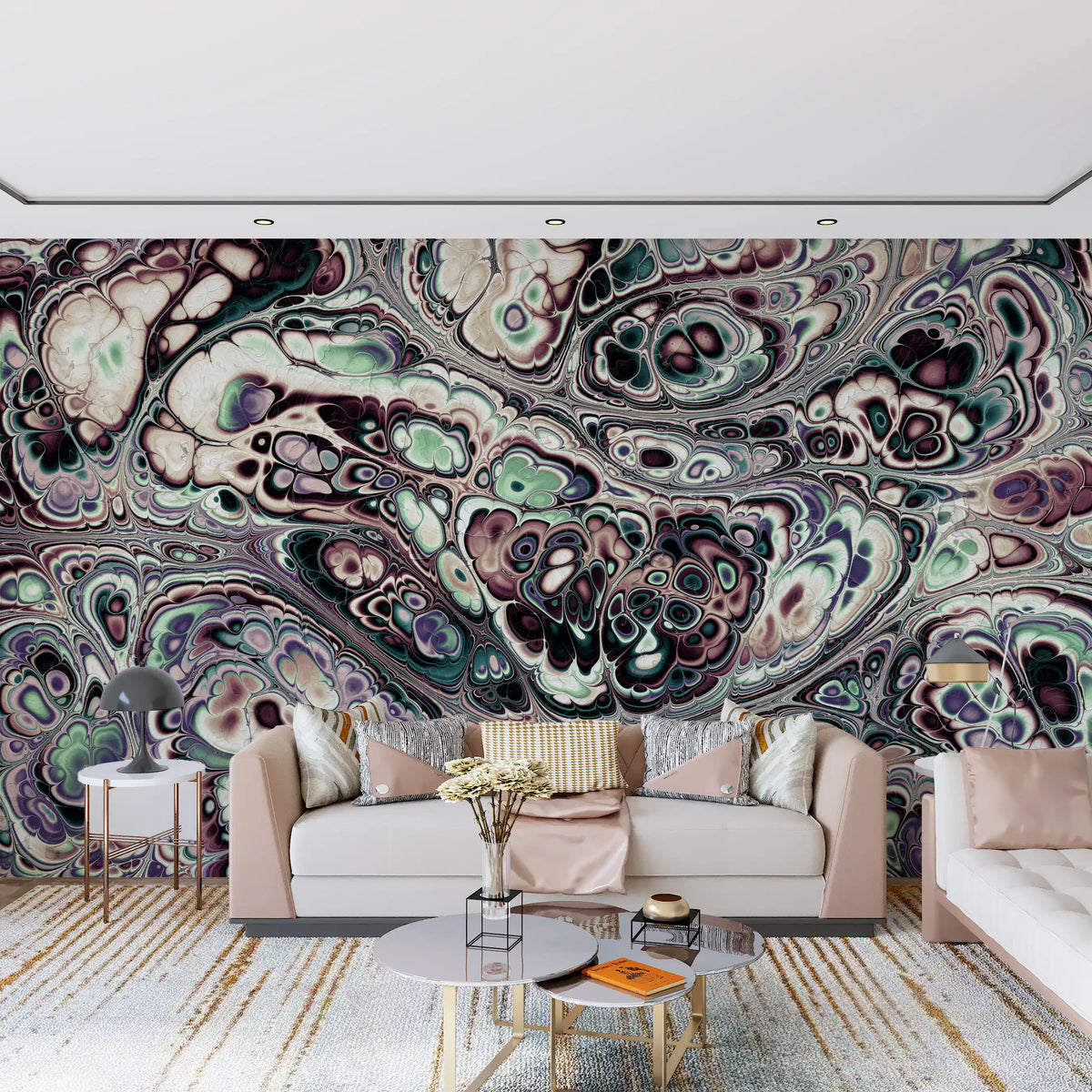 Papier peint panoramique mural Mystic Marble à motif abstrait de fluides organiques