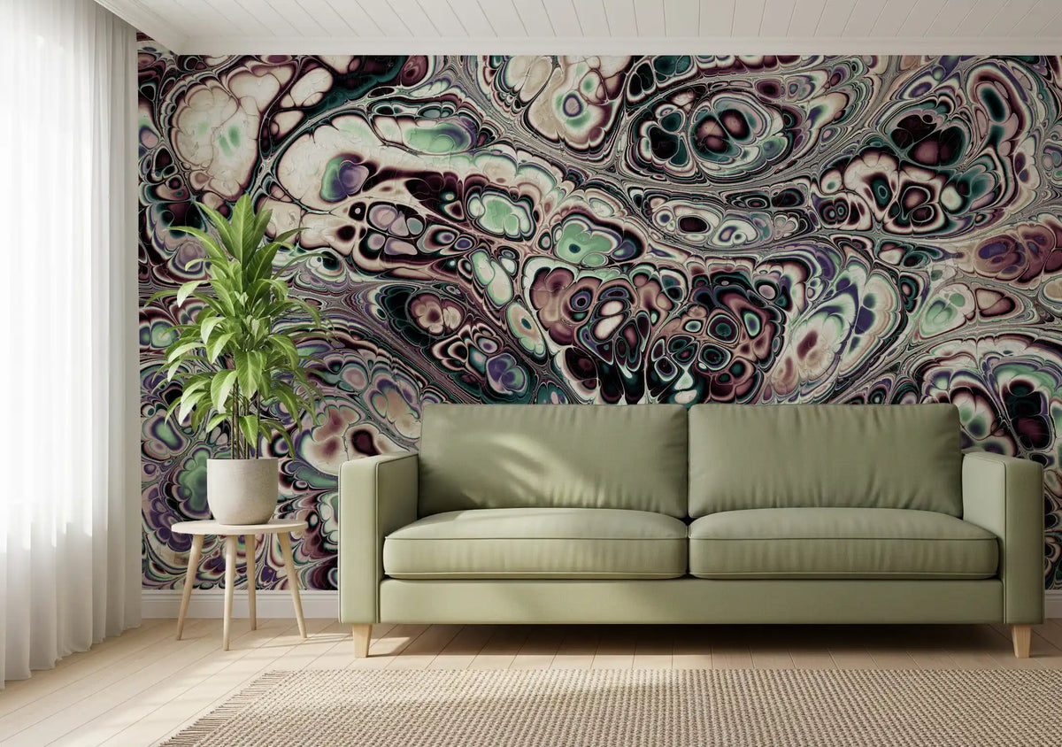 Papier peint panoramique mural Mystic Marble à motif abstrait de fluides organiques