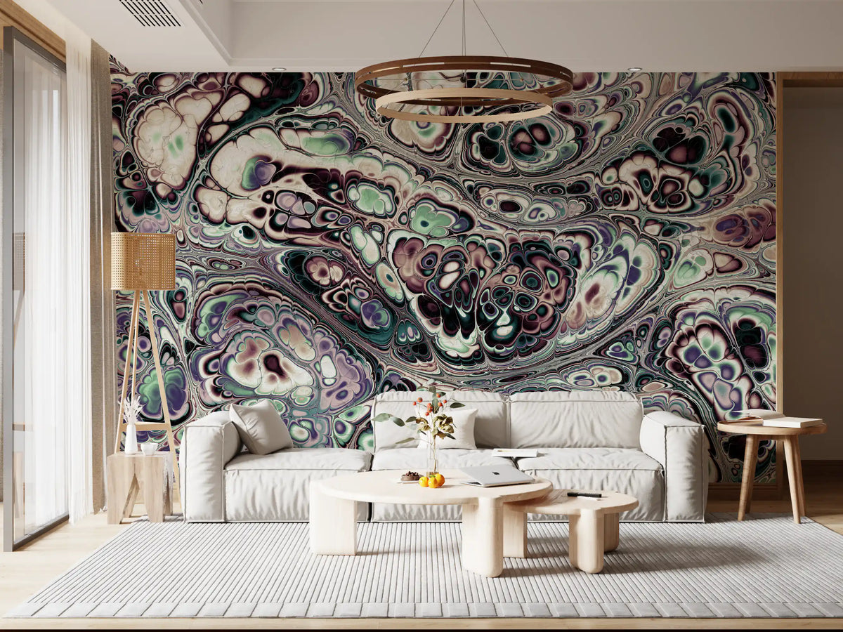 Papier peint panoramique mural Mystic Marble à motif abstrait de fluides organiques