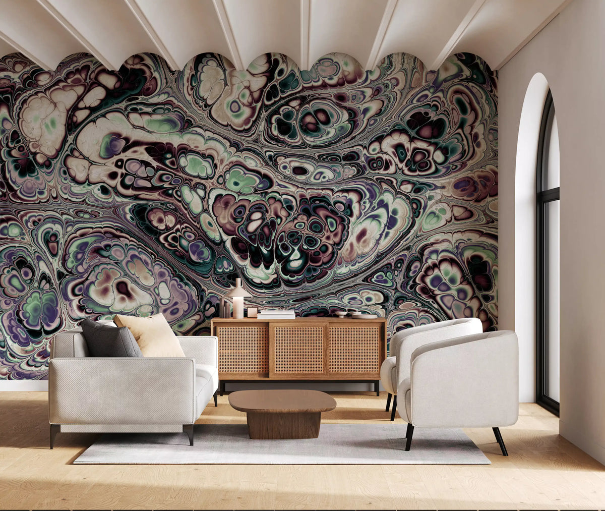 Papier peint panoramique mural Mystic Marble à motif abstrait de fluides organiques
