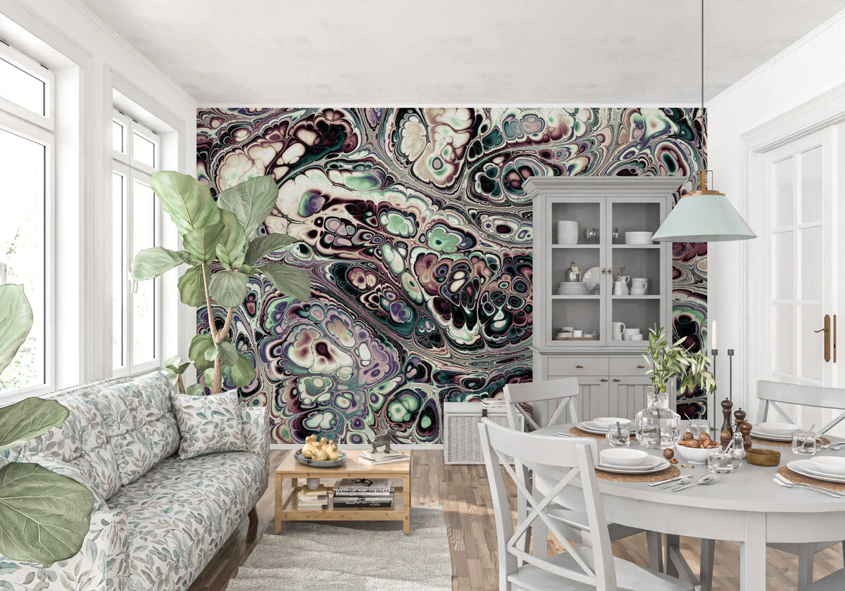 Papier peint panoramique mural Mystic Marble à motif abstrait de fluides organiques