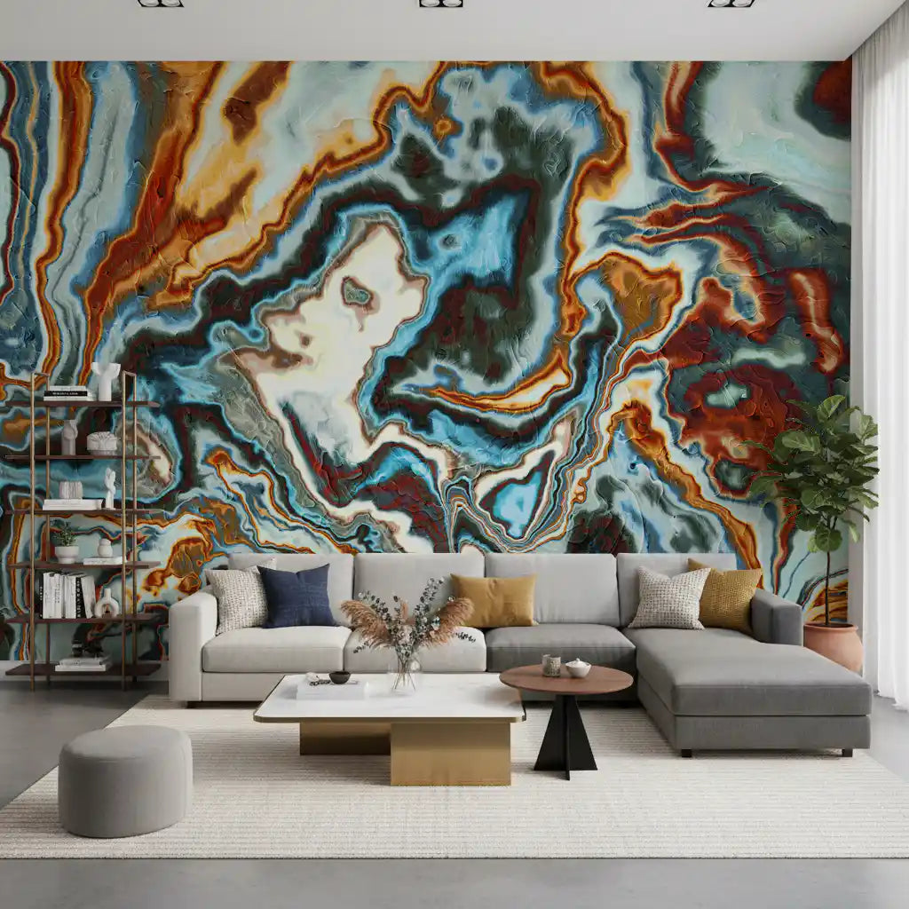 Murale da parete astratto con spirali di marmo liquido