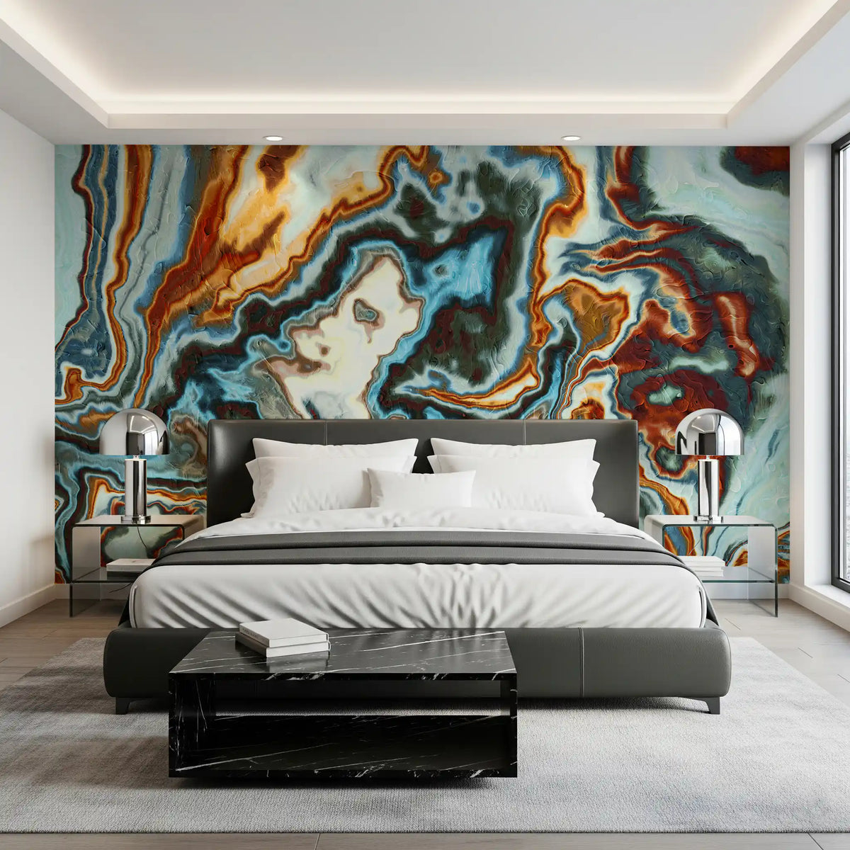Murale da parete astratto con spirali di marmo liquido