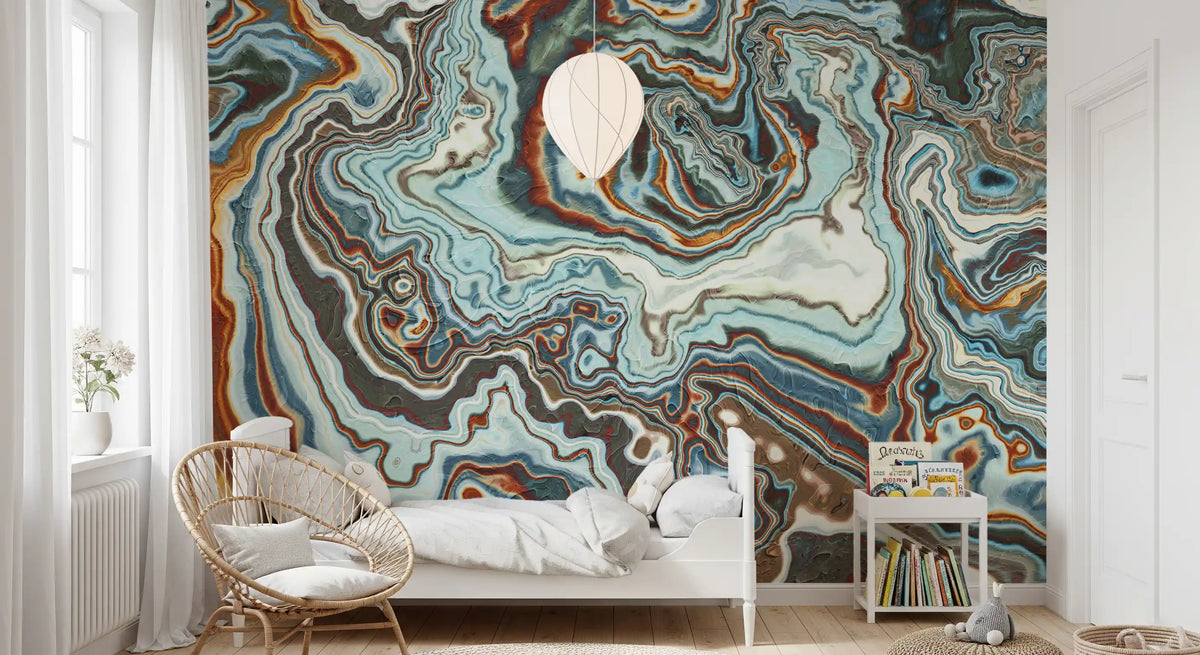 Murale da parete astratto con volute marmorizzate dai toni terrosi