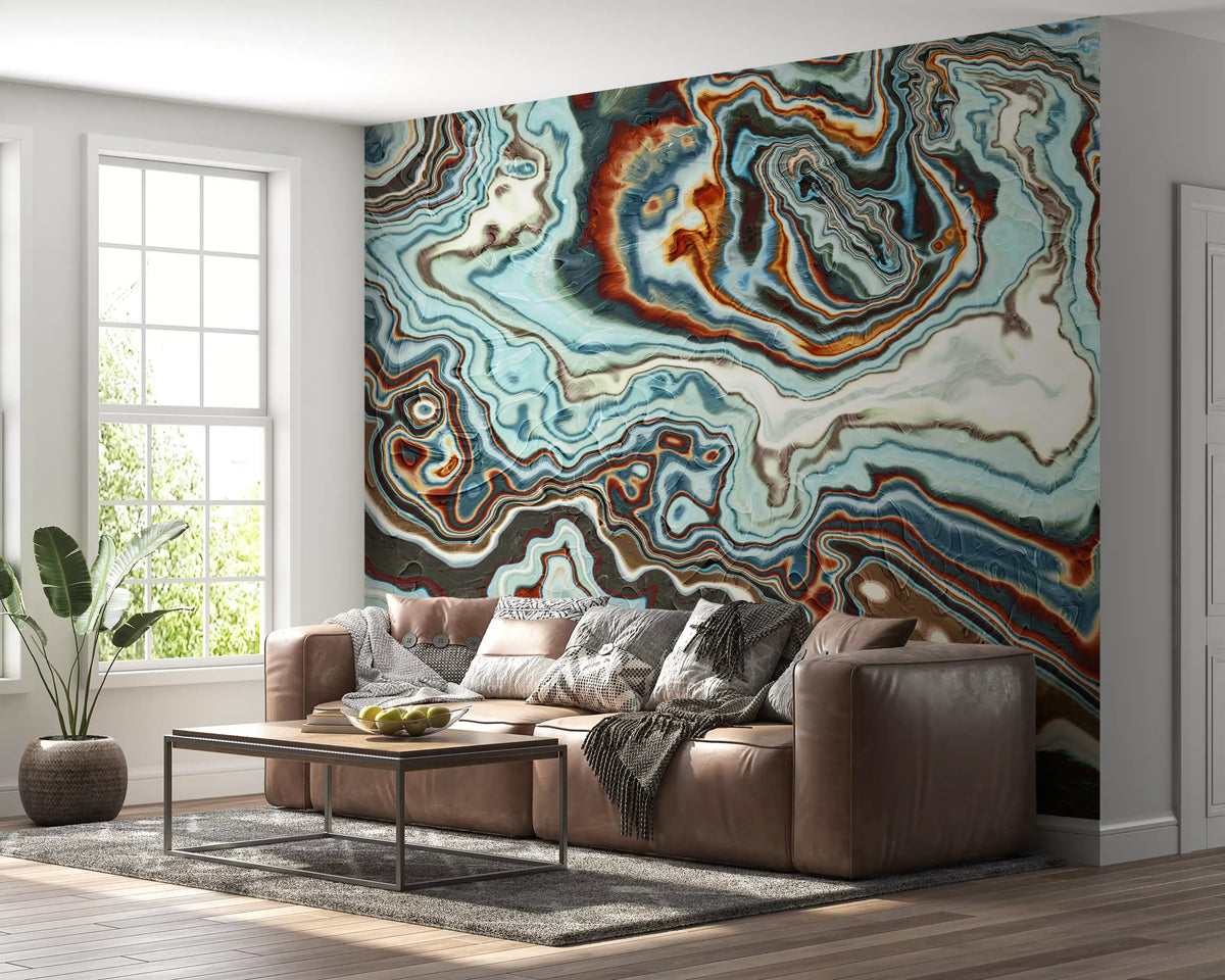 Murale da parete astratto con volute marmorizzate dai toni terrosi
