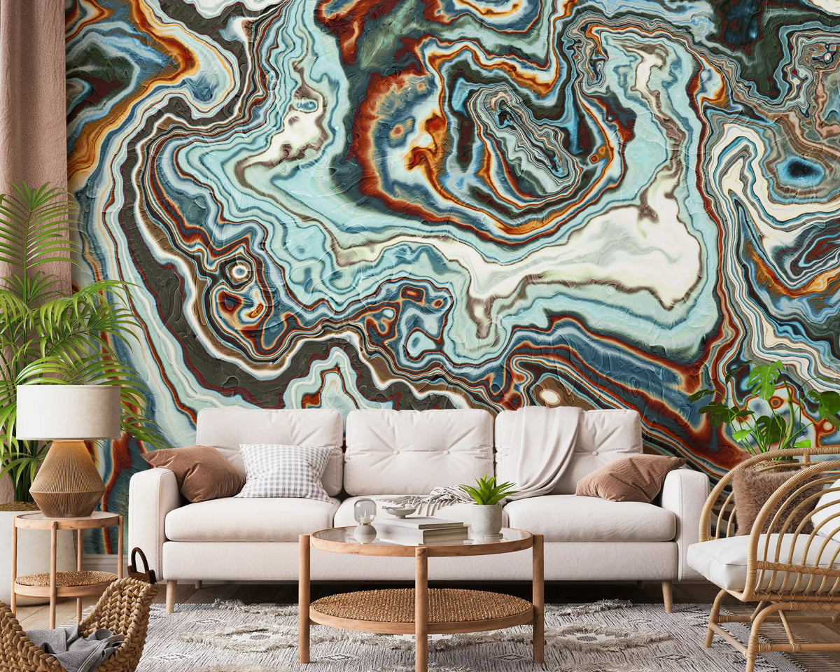 Murale da parete astratto con volute marmorizzate dai toni terrosi