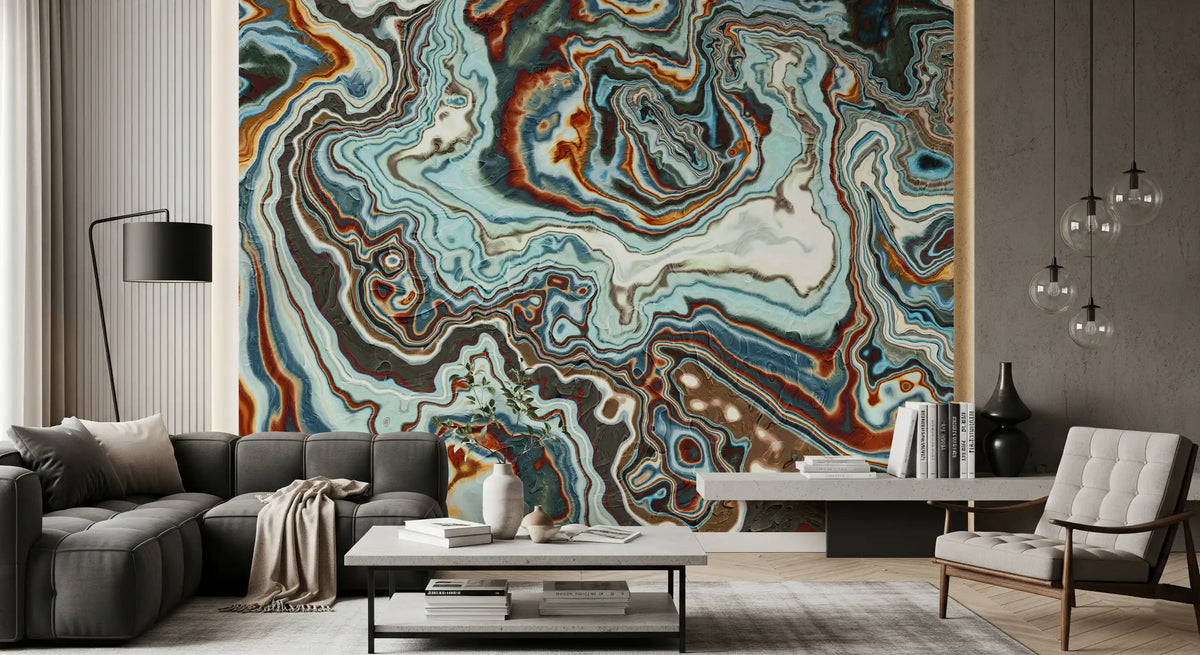 Murale da parete astratto con volute marmorizzate dai toni terrosi
