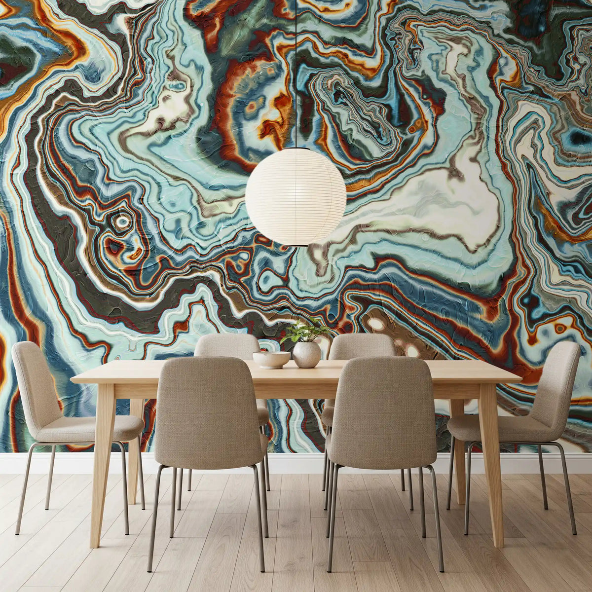 Murale da parete astratto con volute marmorizzate dai toni terrosi