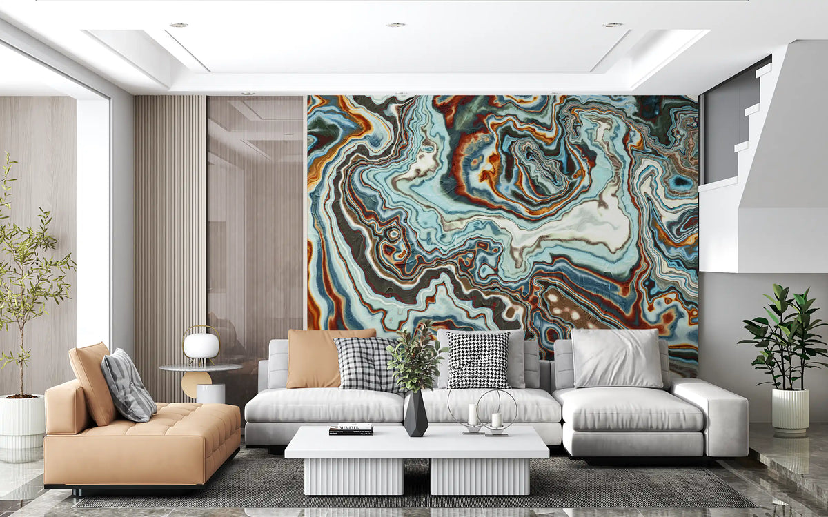 Murale da parete astratto con volute marmorizzate dai toni terrosi