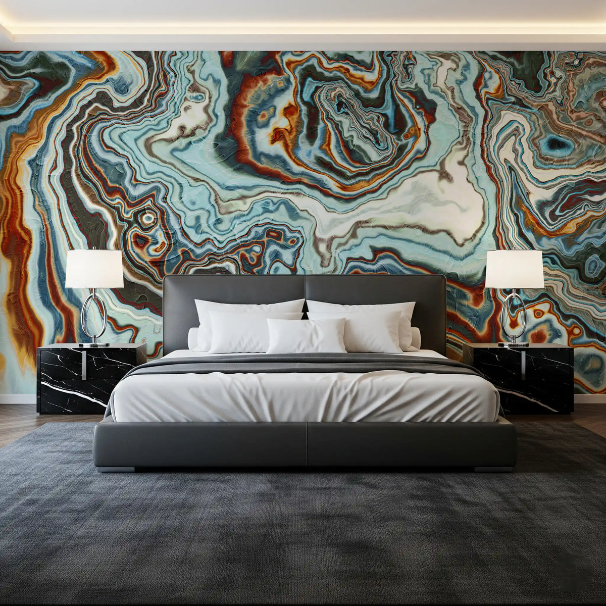 Murale da parete astratto con volute marmorizzate dai toni terrosi