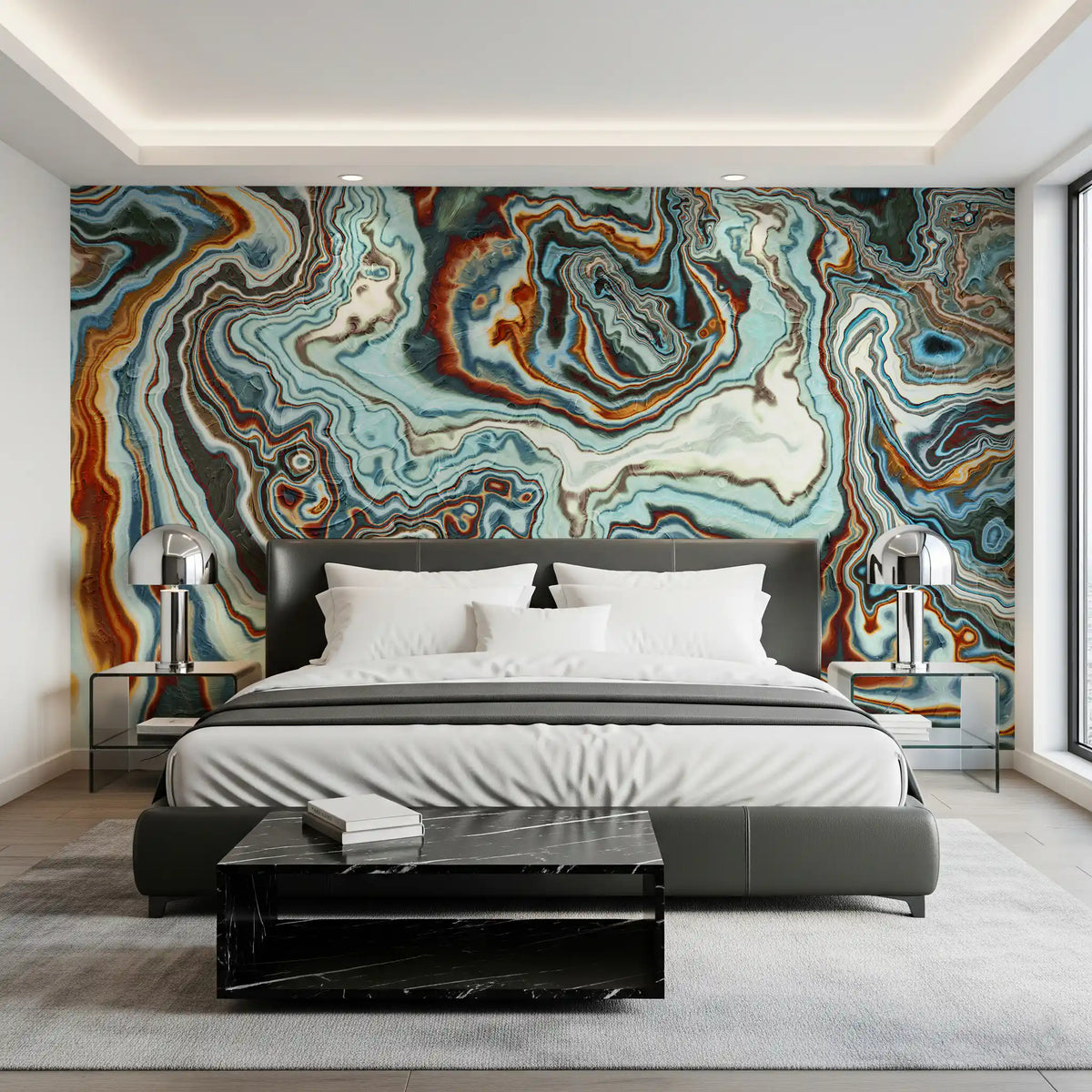 Murale da parete astratto con volute marmorizzate dai toni terrosi