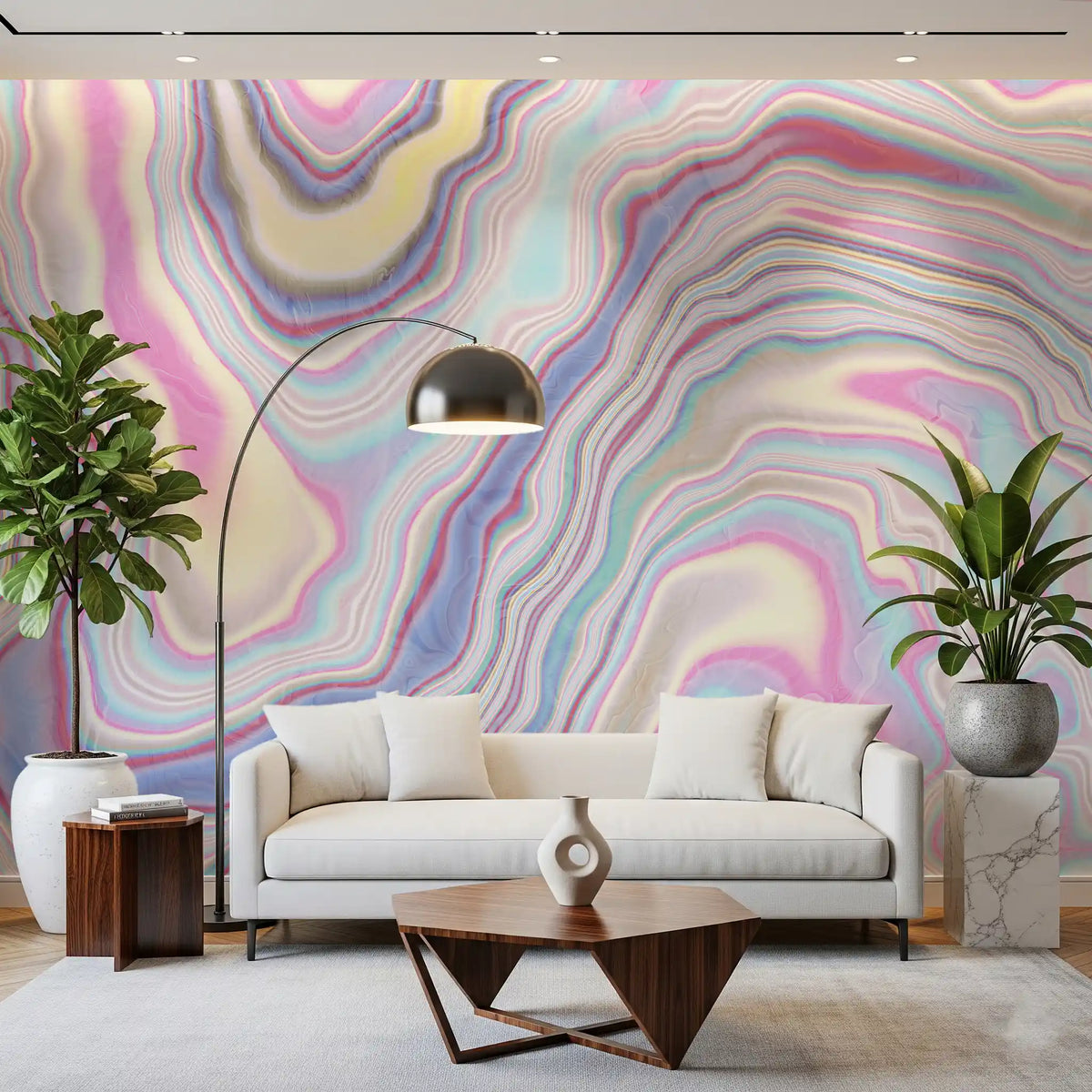 Papier peint panoramique mural à la texture de vagues marbrées holographiques