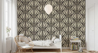 Tapete mit botanischer Symmetrie in Creme und Anthrazit⁠