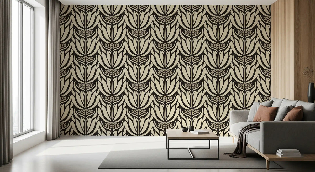 Tapete mit botanischer Symmetrie in Creme und Anthrazit⁠