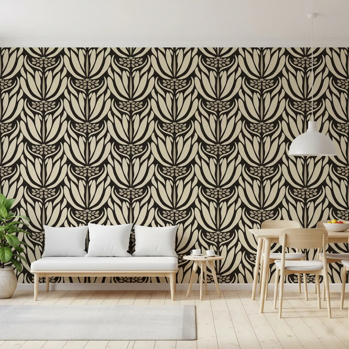 Tapete mit botanischer Symmetrie in Creme und Anthrazit⁠