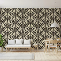 Tapete mit botanischer Symmetrie in Creme und Anthrazit⁠