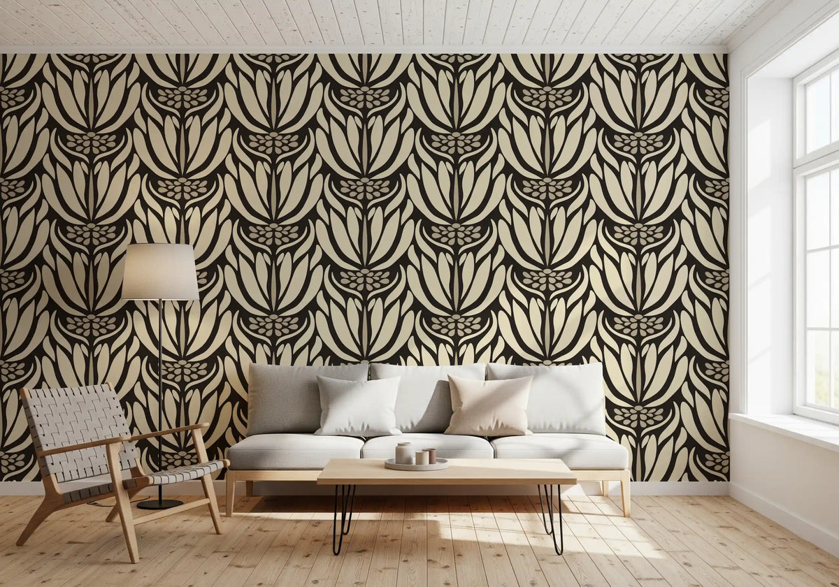Tapete mit botanischer Symmetrie in Creme und Anthrazit⁠