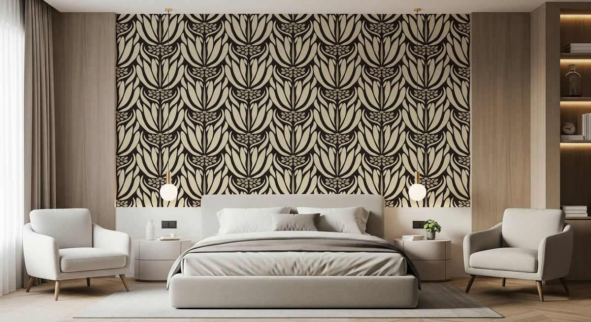 Tapete mit botanischer Symmetrie in Creme und Anthrazit⁠