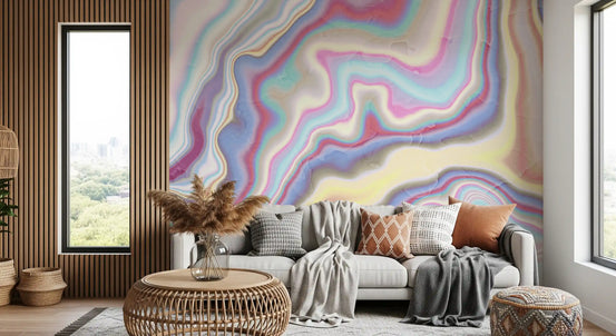 Papier peint panoramique mural aux volutes de marbre liquide irisé