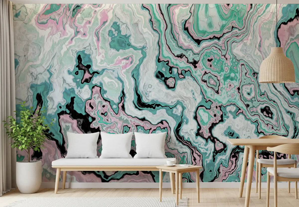 Mural de pared abstracto con remolinos de mármol en tonos pastel