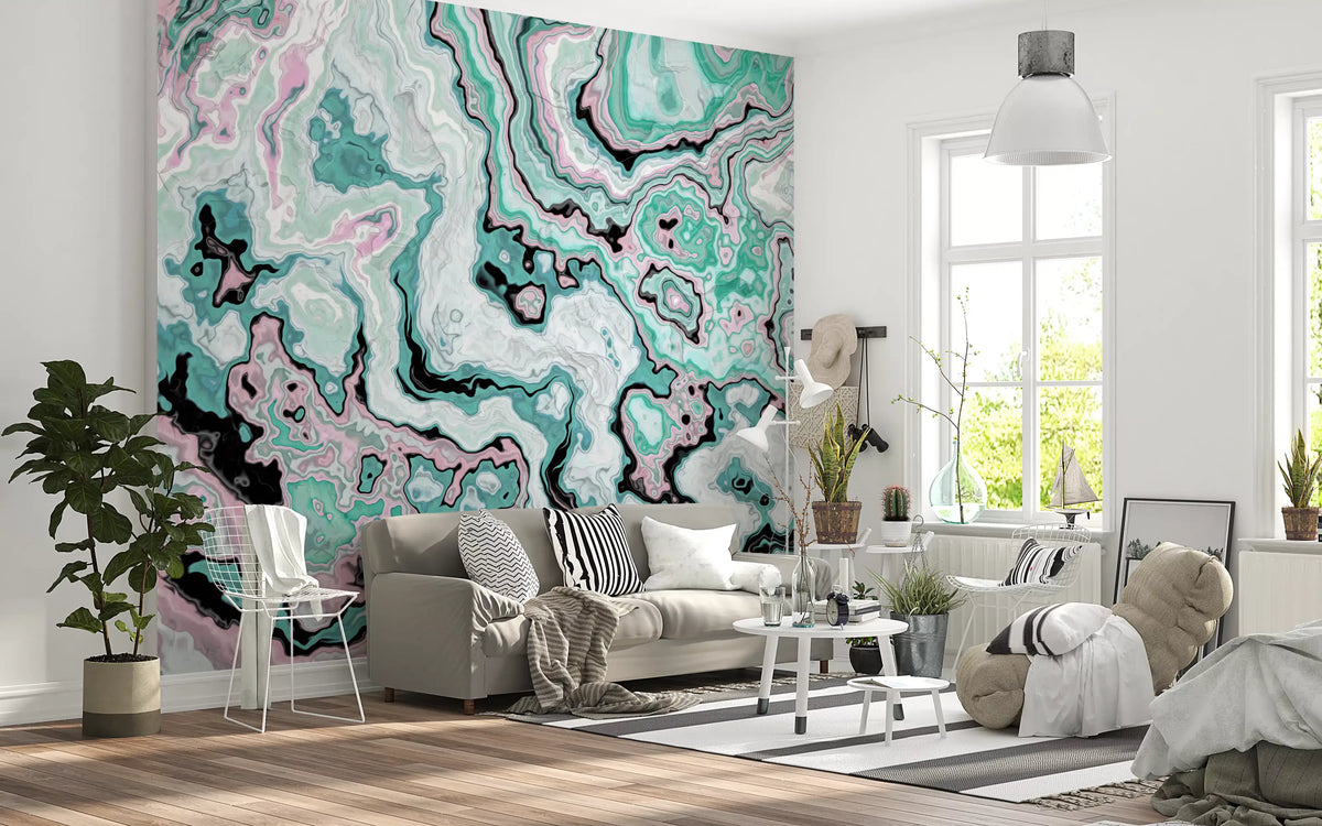 Mural de pared abstracto con remolinos de mármol en tonos pastel