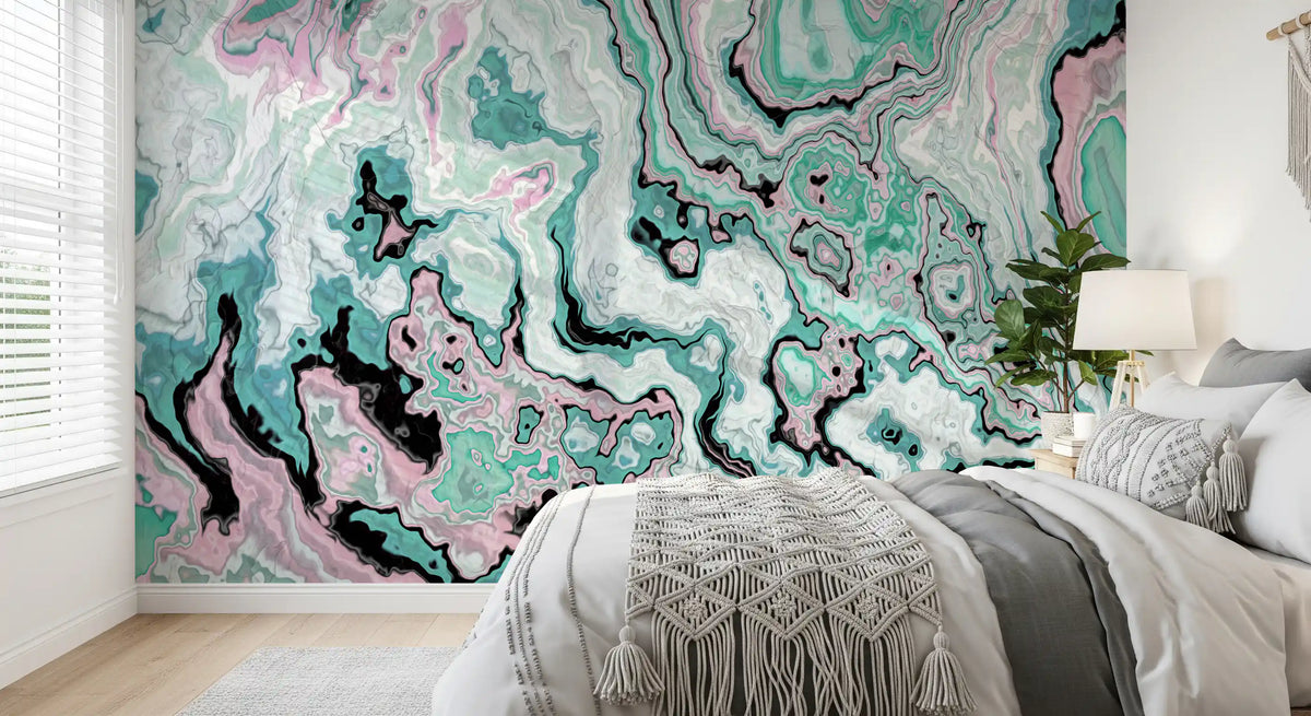 Mural de pared abstracto con remolinos de mármol en tonos pastel