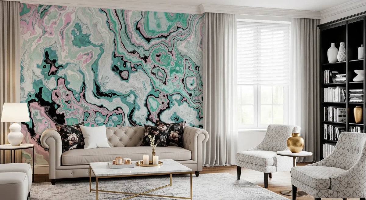 Mural de pared abstracto con remolinos de mármol en tonos pastel