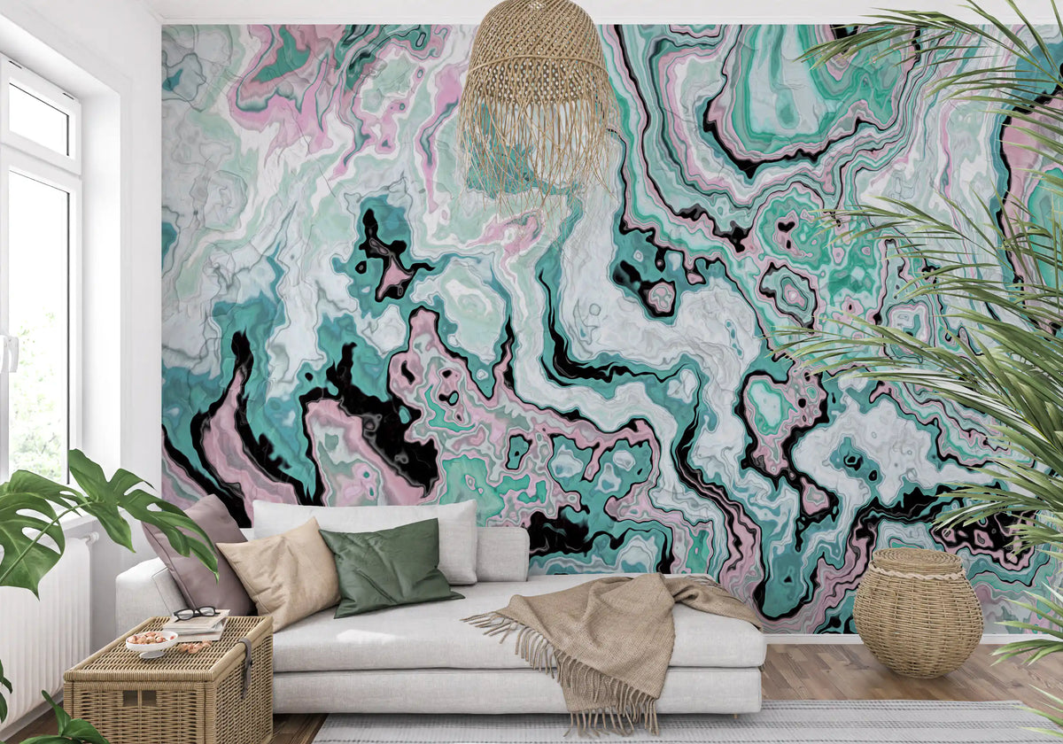 Mural de pared abstracto con remolinos de mármol en tonos pastel