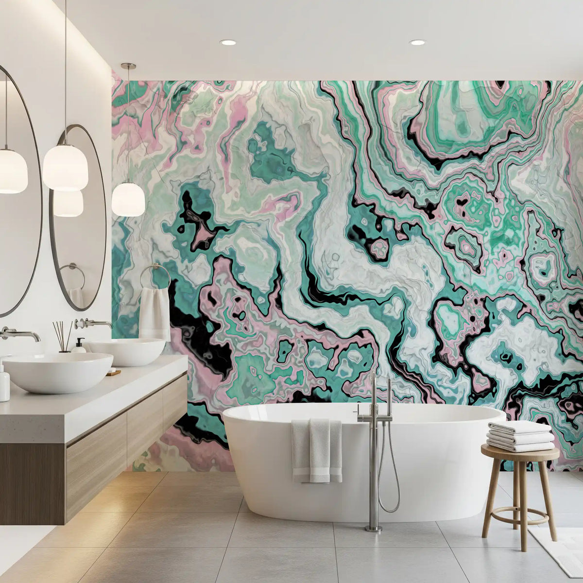 Mural de pared abstracto con remolinos de mármol en tonos pastel