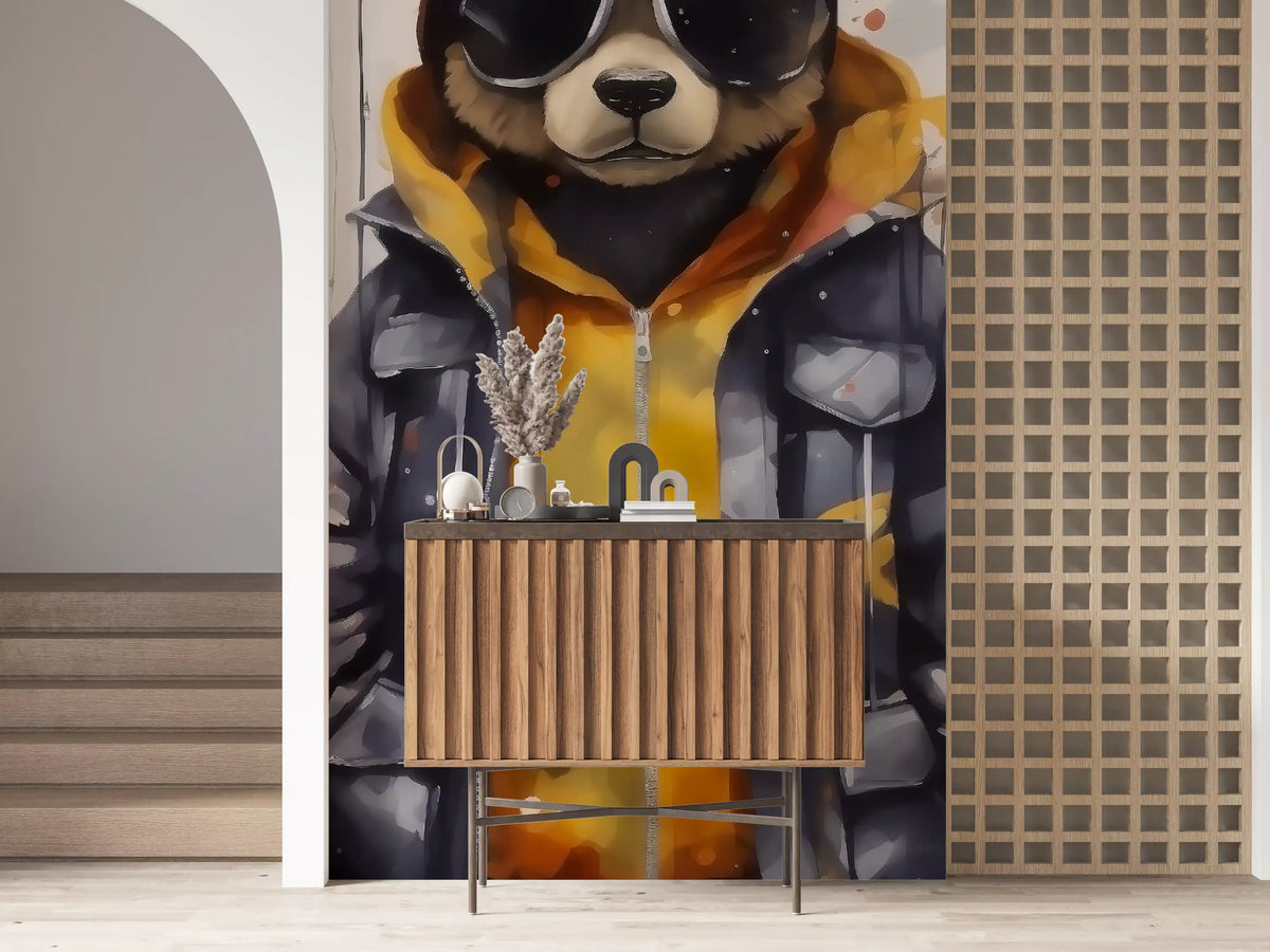 Cool Aviator Bear in Hoodie Wall Mural