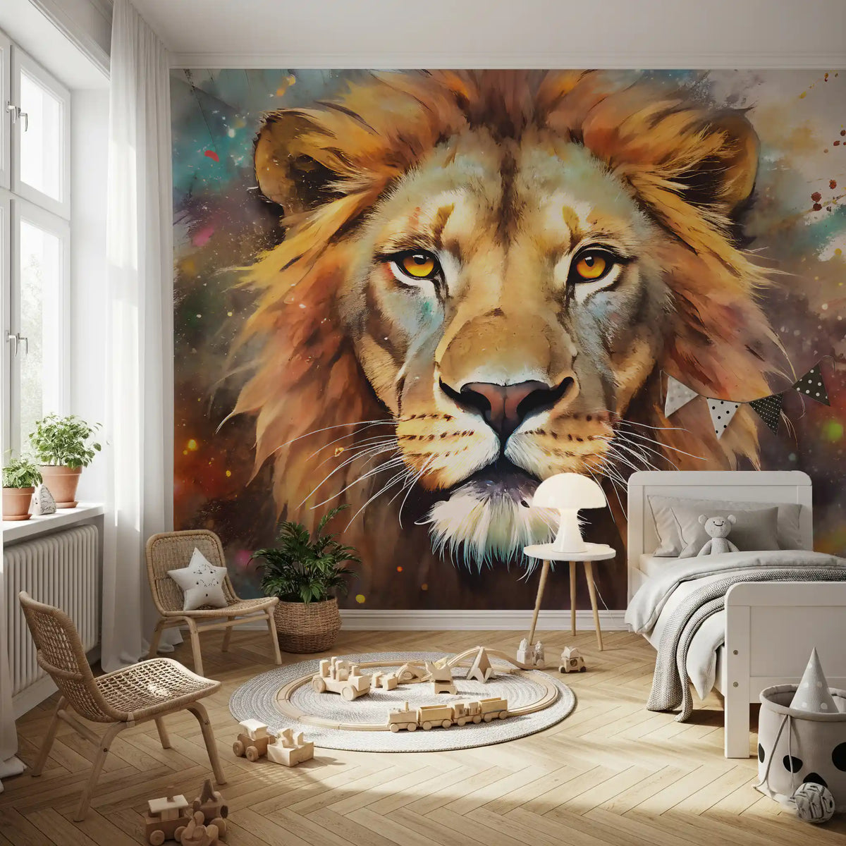 Mural de parede com retrato majestoso de leão e arte de salpicos vibrantes
