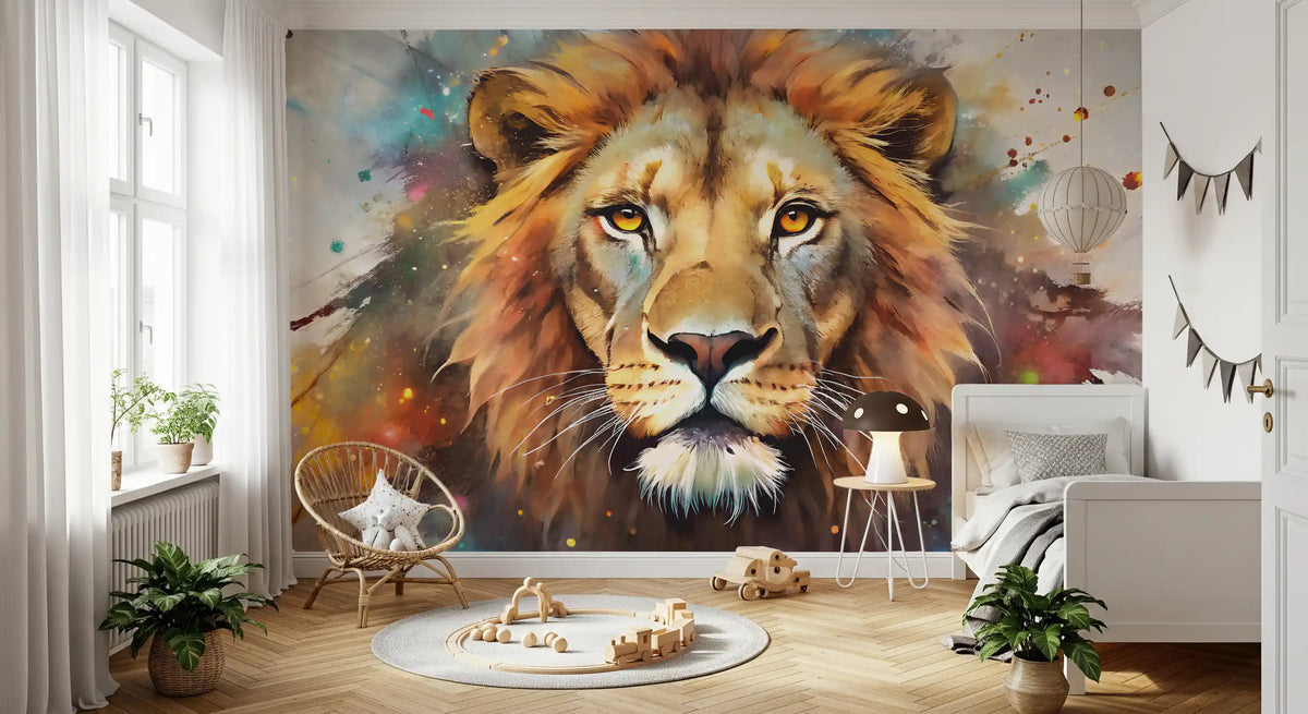 Mural de parede com retrato majestoso de leão e arte de salpicos vibrantes