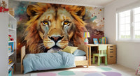 Mural de parede com retrato majestoso de leão e arte de salpicos vibrantes
