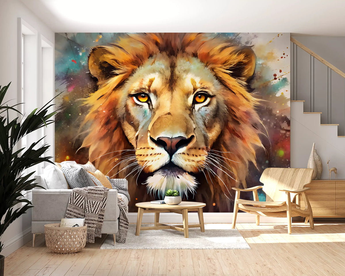 Mural de parede com retrato majestoso de leão e arte de salpicos vibrantes